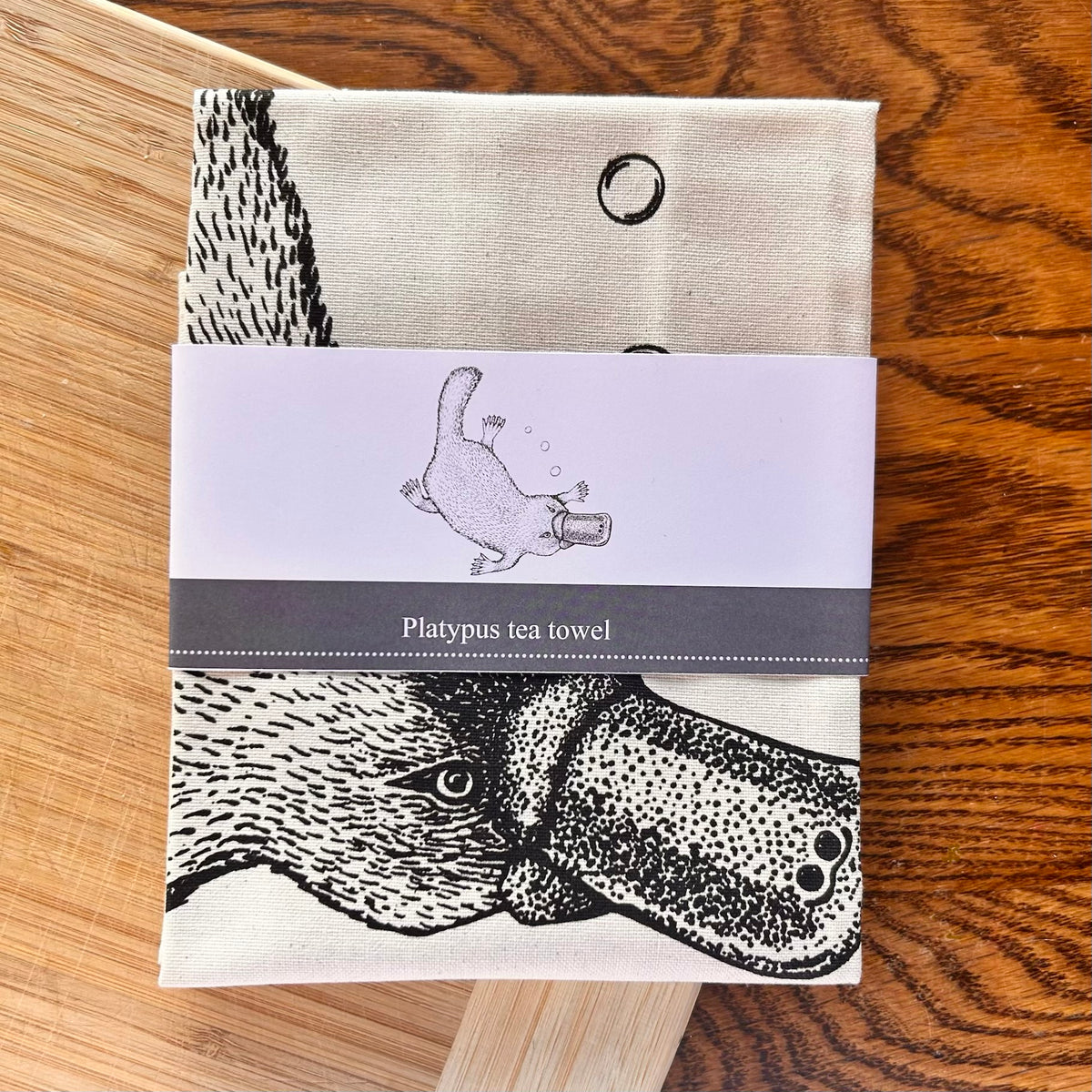 Hand printed platypus tea towel