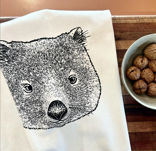 Hand printed joey wombat tea towel