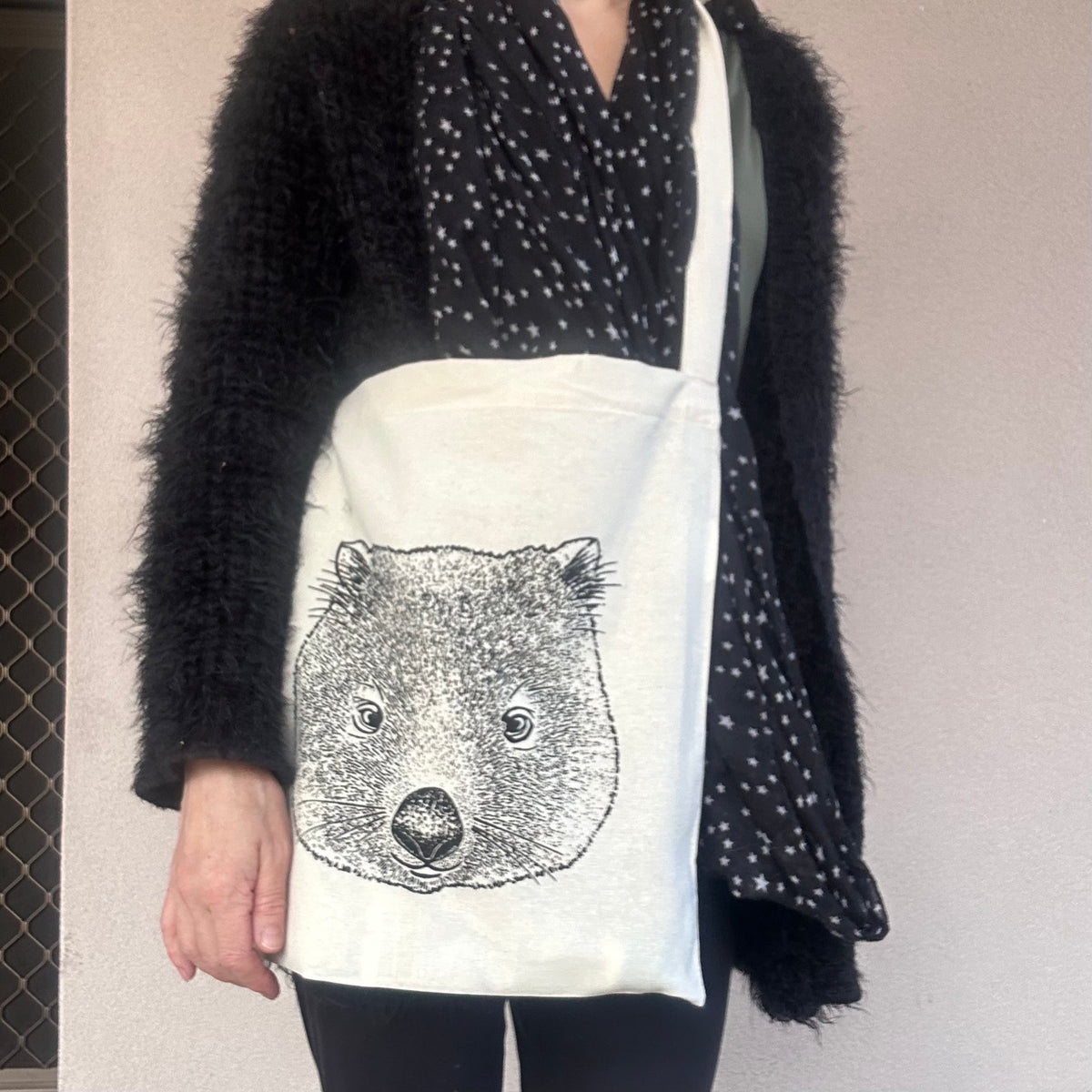 Hand printed joey wombat shopping bag