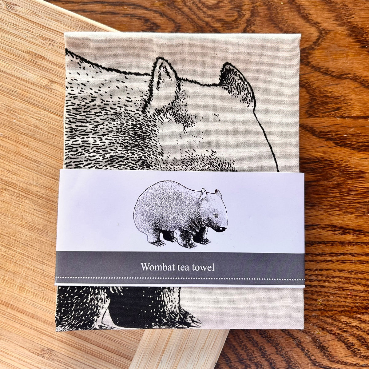 Hand printed wombat tea towel