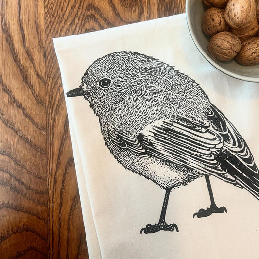 Hand printed scarlet robin tea towel
