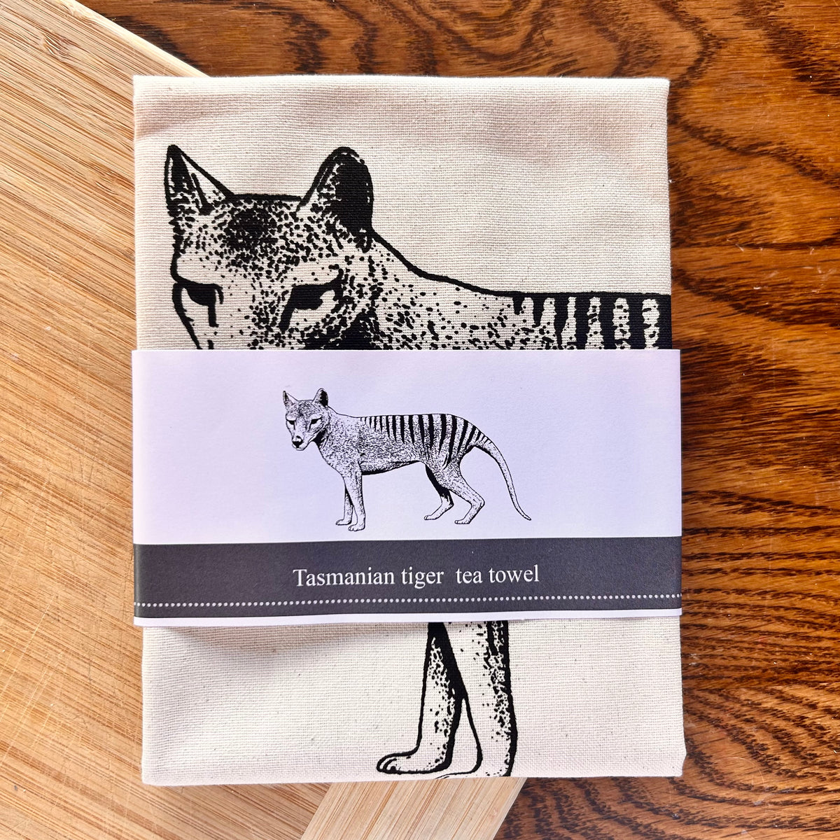 Hand printed Tasmanian tiger tea towel
