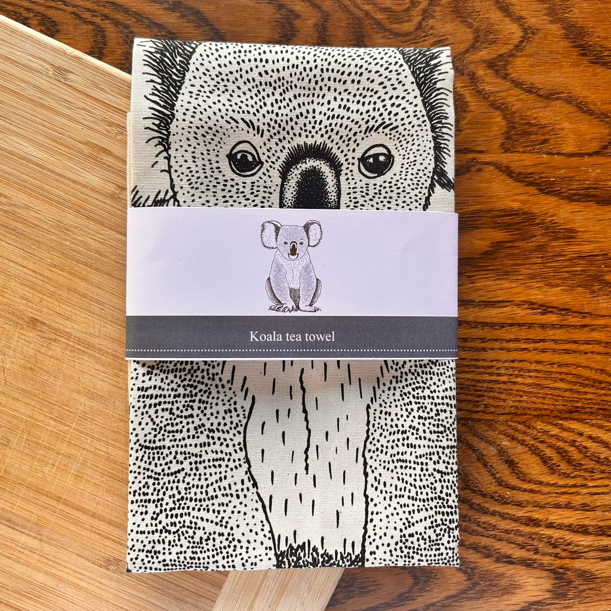 Hand printed koala tea towel