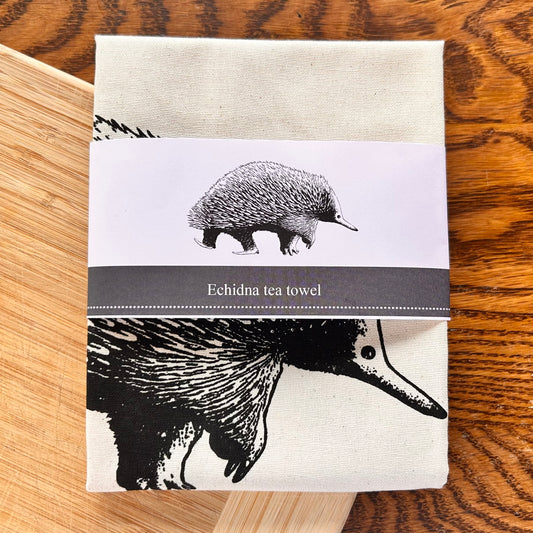 Hand printed echidna tea towel