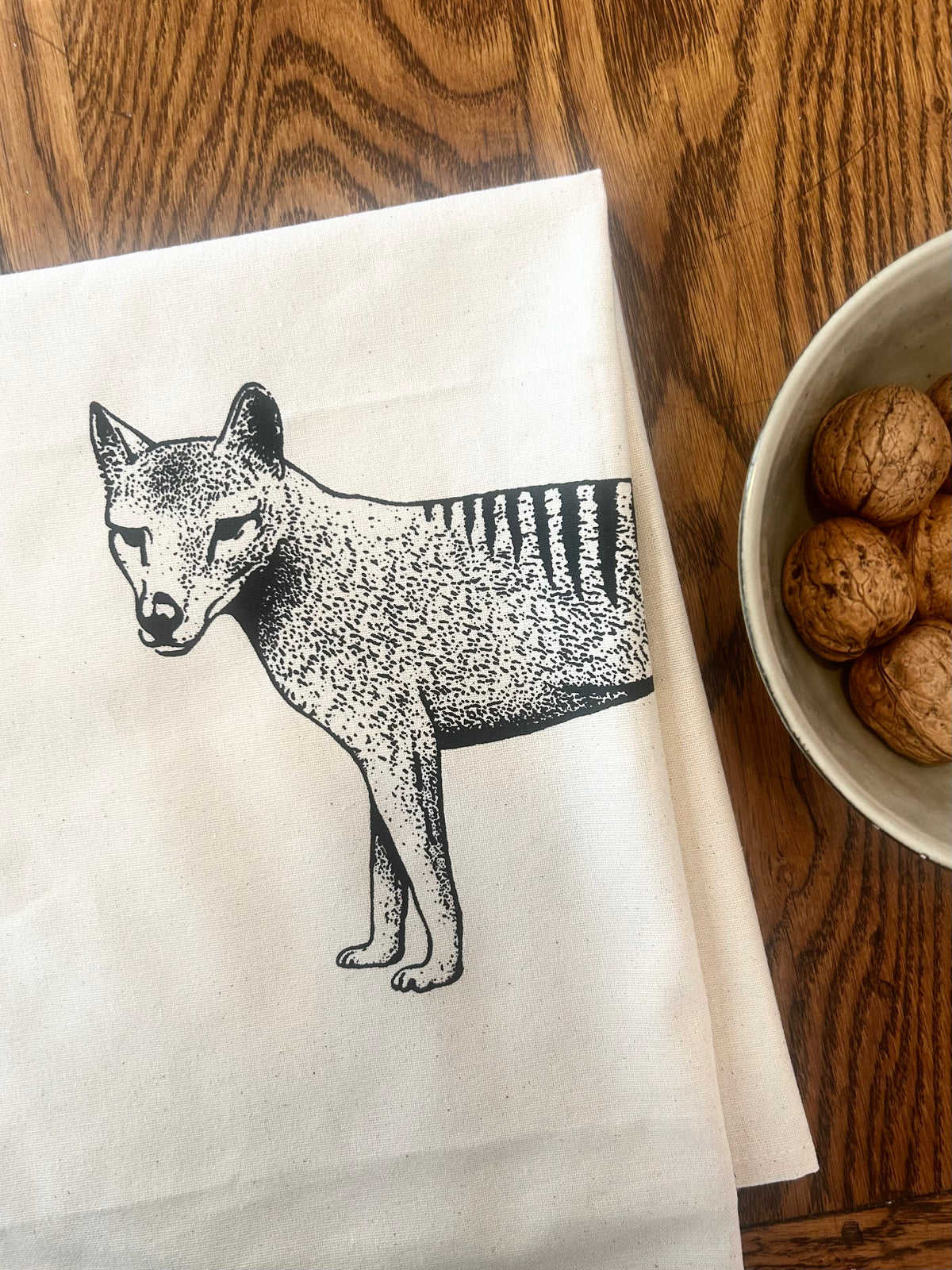 Hand printed Tasmanian tiger tea towel