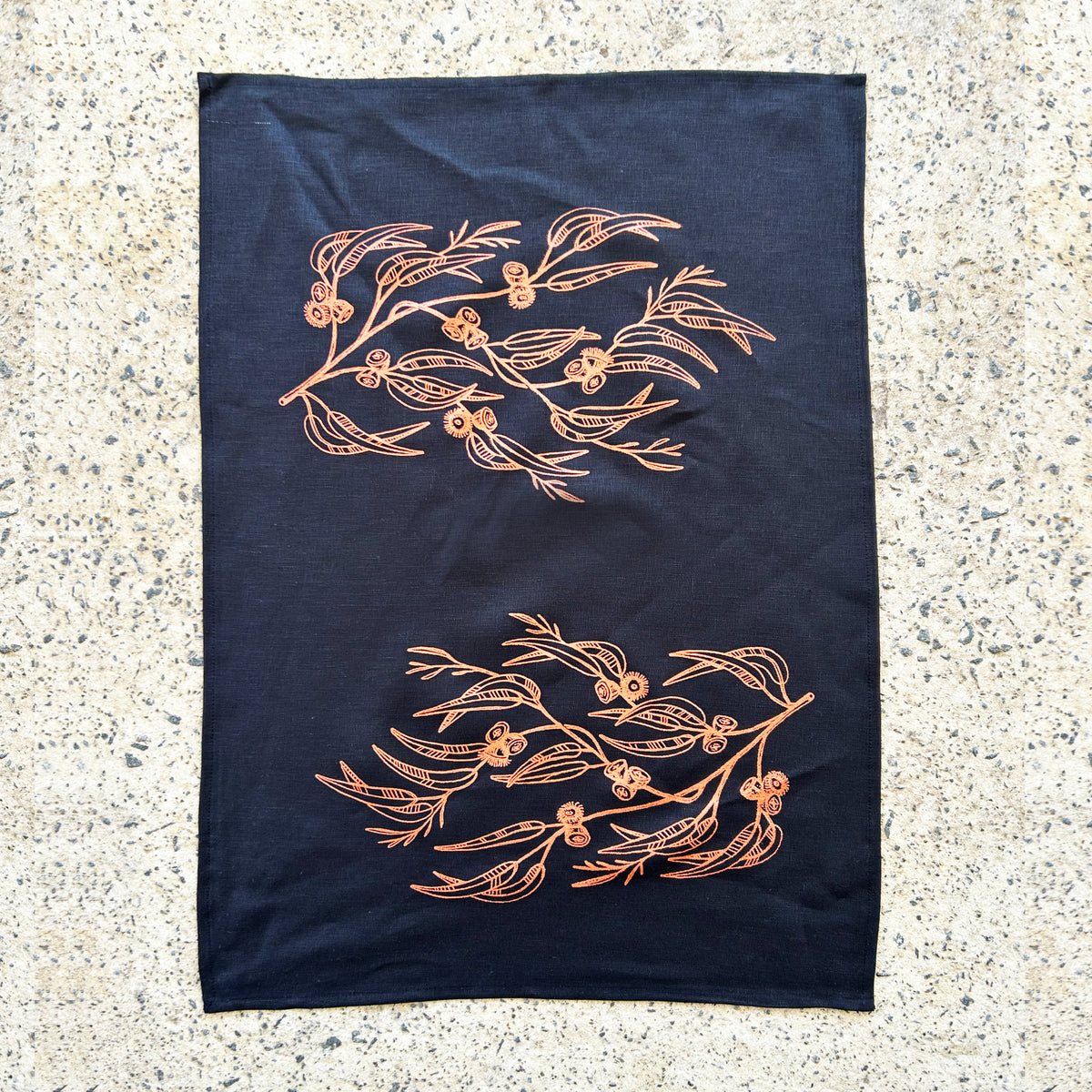 Hand printed Blue gum 100% linen tea towel