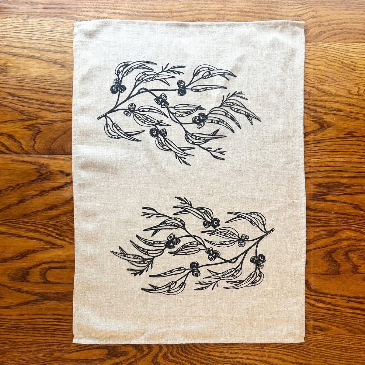 Hand printed Blue gum 100% linen tea towel