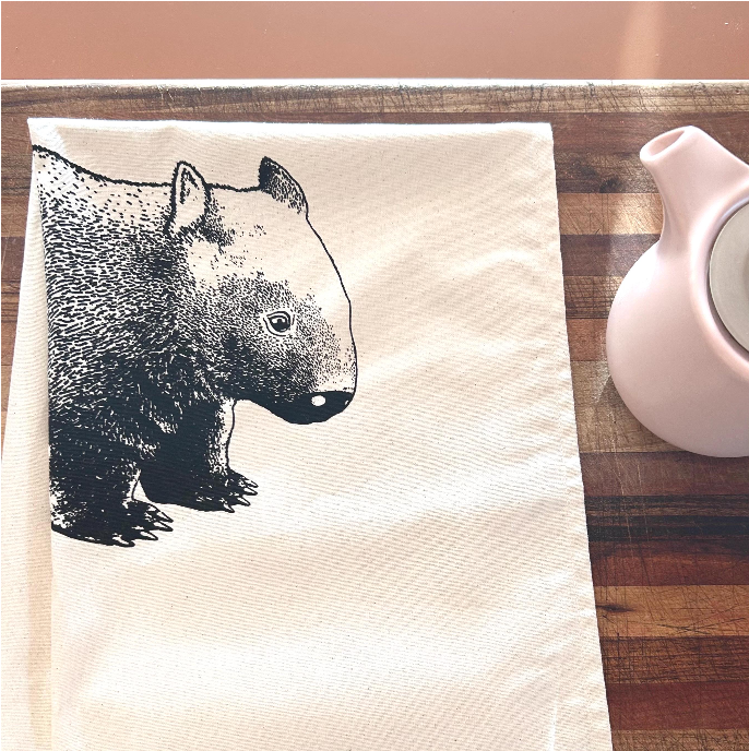 Hand printed wombat tea towel
