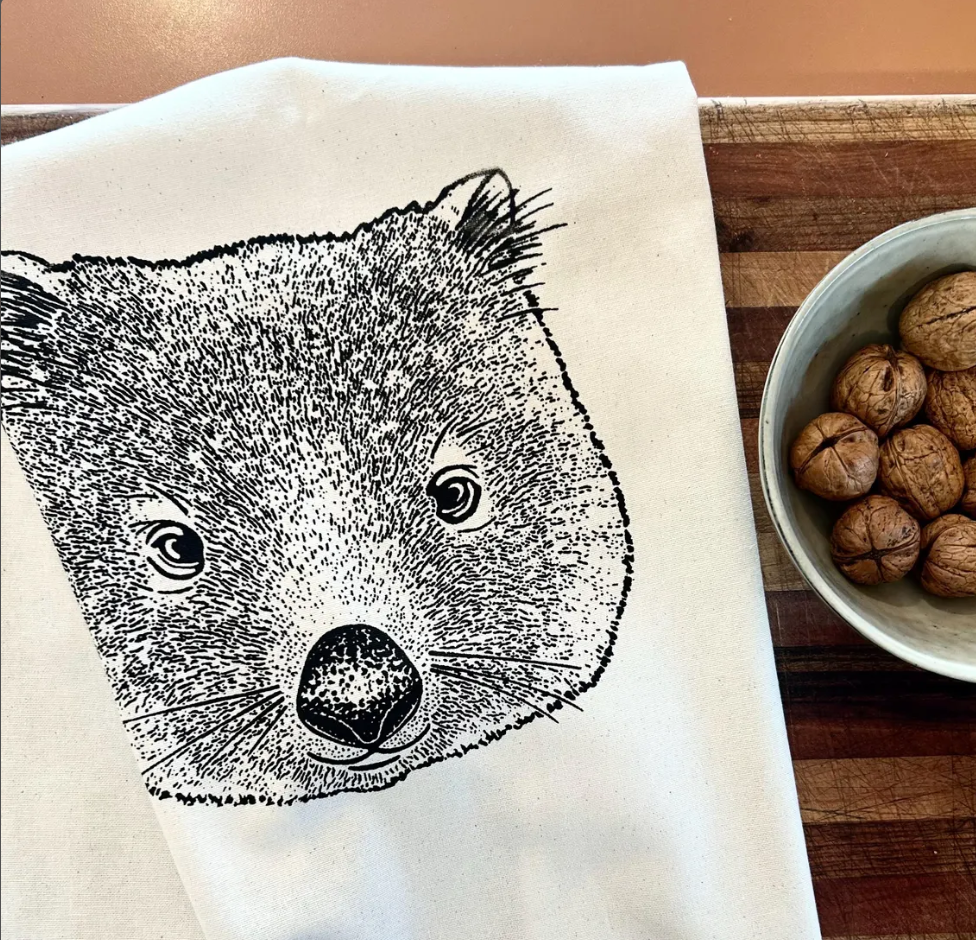 Hand printed joey wombat tea towel