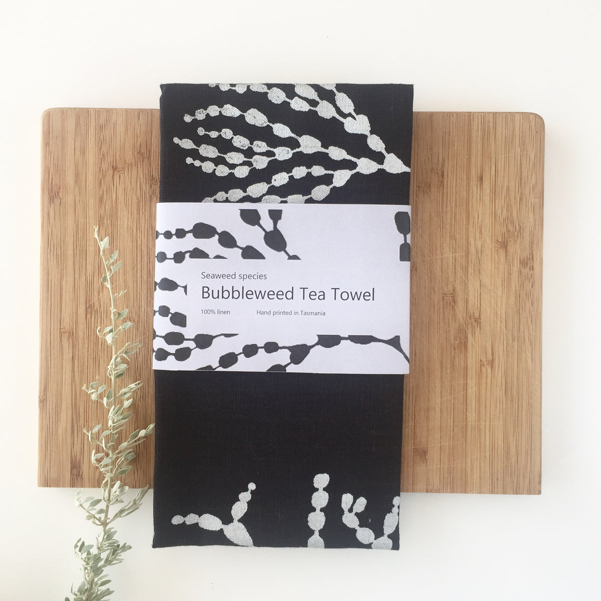 Hand printed Seaweed 100% linen tea towel