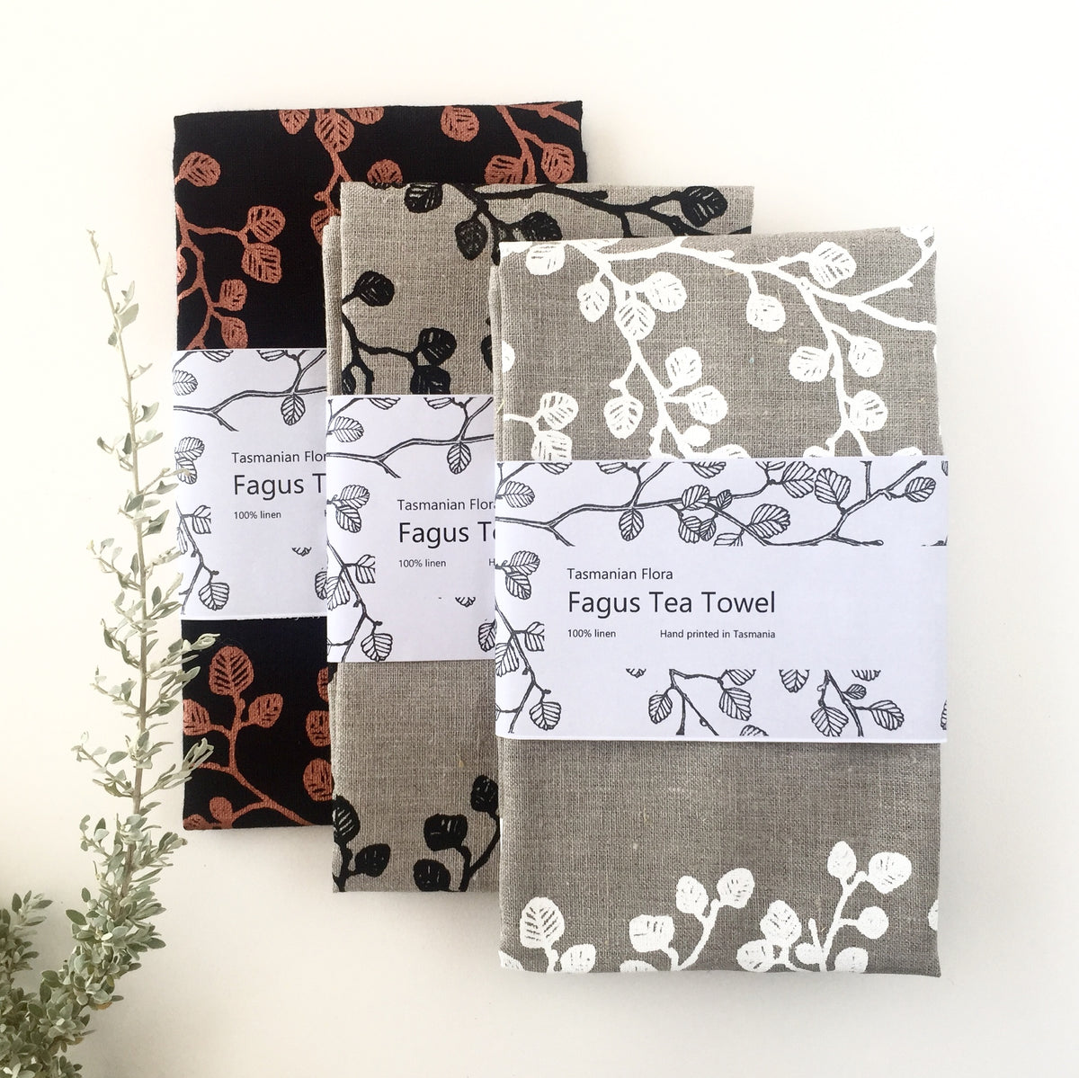 Hand printed Fagus 100% linen tea towel