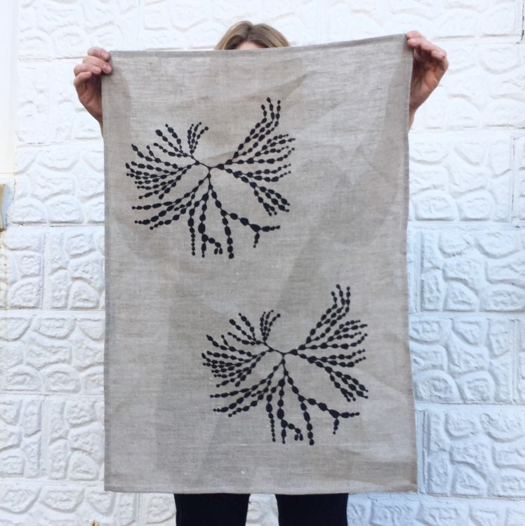 Hand printed Seaweed 100% linen tea towel