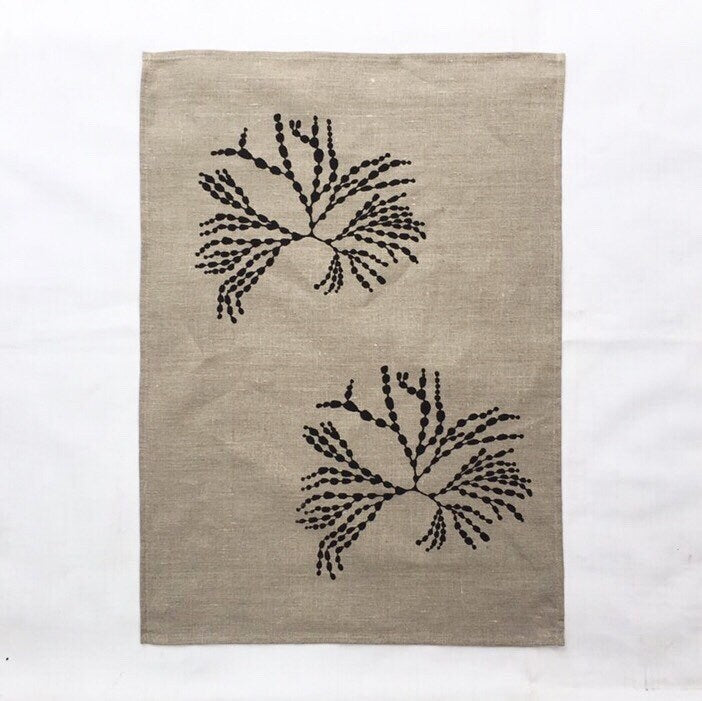 Hand printed Seaweed 100% linen tea towel