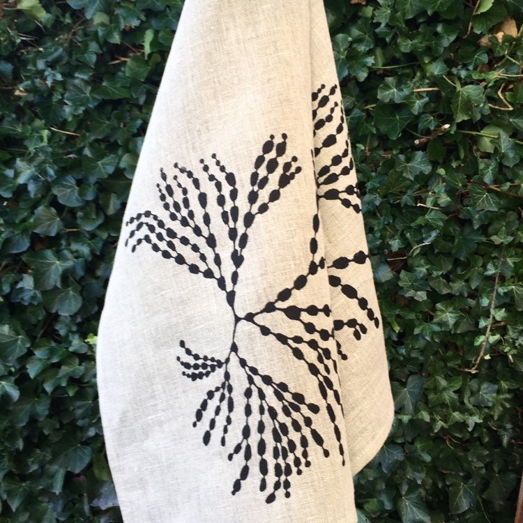 Hand printed Seaweed 100% linen tea towel